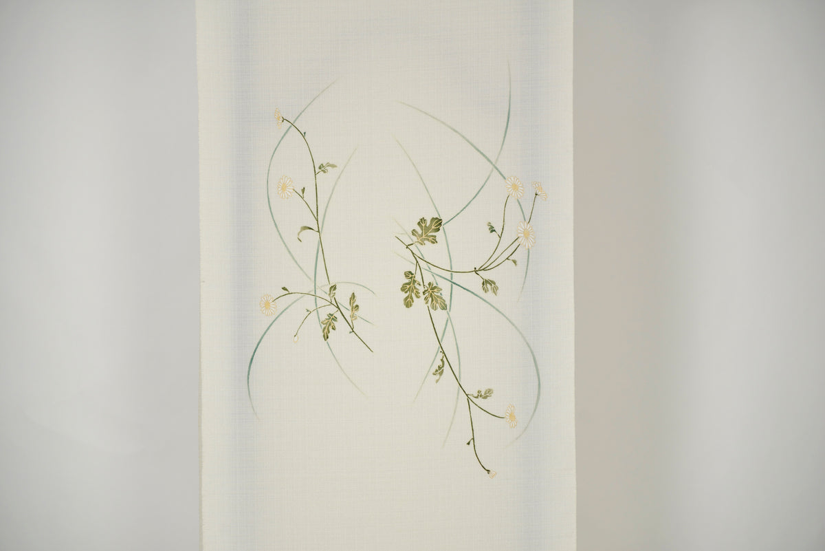 白色紬地芒に野菊文様染名古屋帯
