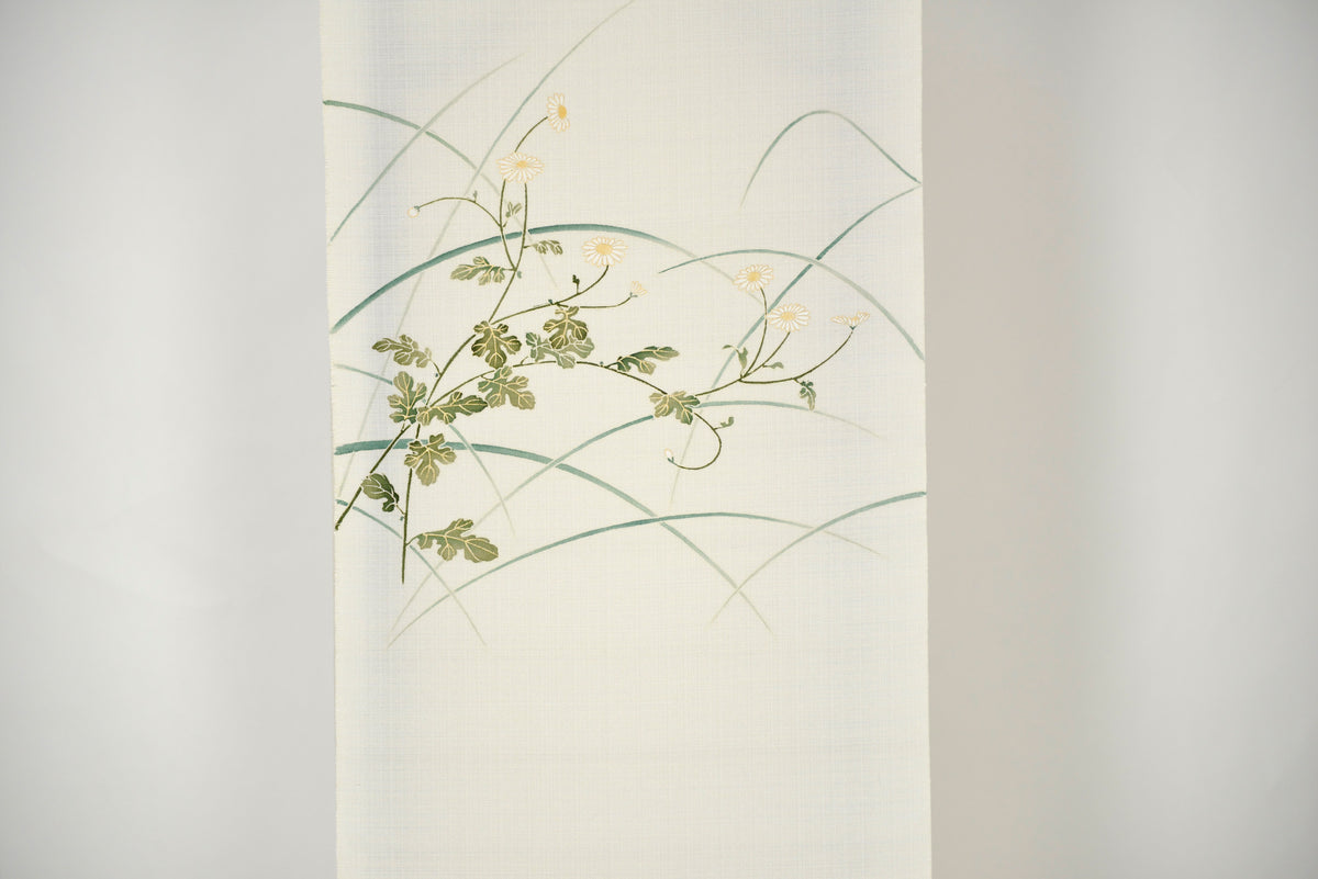 白色紬地芒に野菊文様染名古屋帯