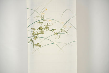 白色紬地芒に野菊文様染名古屋帯